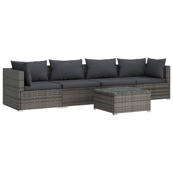 vidaXL 5 Piece Garden Lounge Set with Cushions Poly Rattan Grey