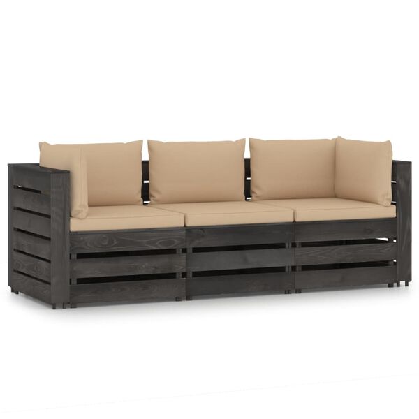 vidaXL 3-Seater Garden Sofa with Cushions Grey Impregnated Wood