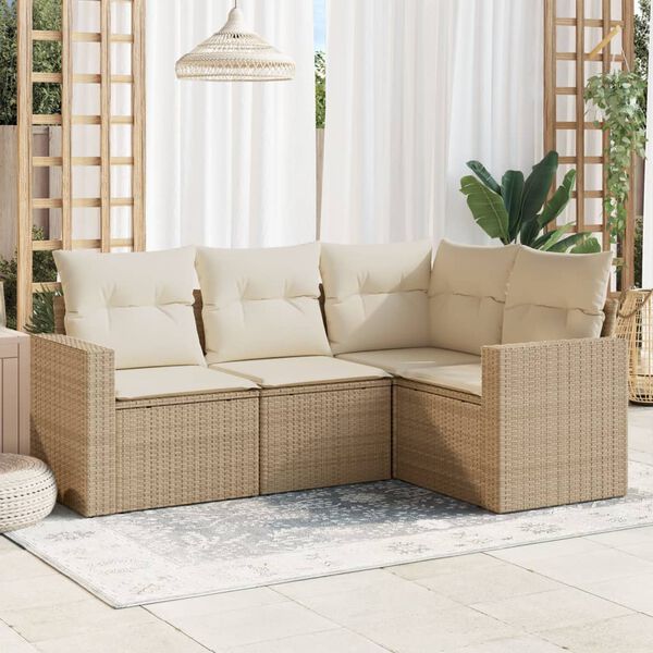 vidaXL 4 Piece Garden Sofa Set with Cushions Beige Poly Rattan