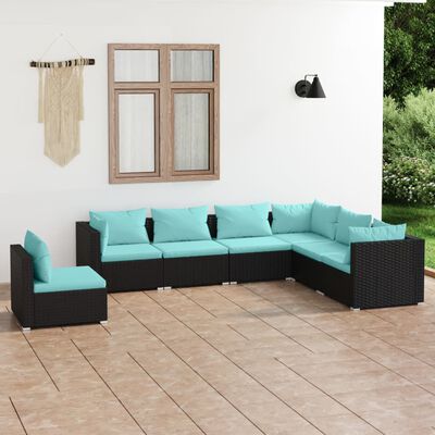 vidaXL 7 Piece Garden Lounge Set with Cushions Poly Rattan Black