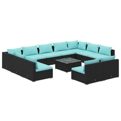 vidaXL 12 Piece Garden Lounge Set with Cushions Black Poly Rattan