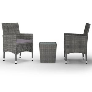 vidaXL 3 Piece Bistro Set Poly Rattan and Tempered Glass Grey