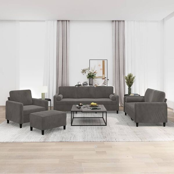 vidaXL 4 Piece Sofa Set with Throw Pillows&Cushions Dark Grey Velvet