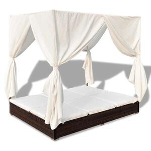 vidaXL Outdoor Lounge Bed with Curtains Poly Rattan Brown