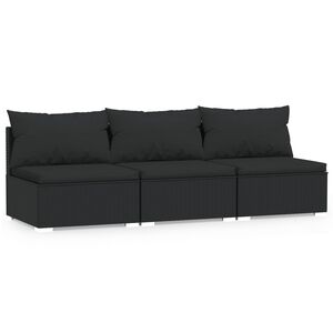 vidaXL 3-Seater Sofa with Cushions Black Poly Rattan