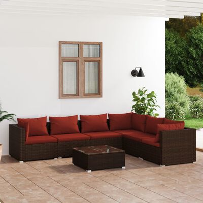 vidaXL 7 Piece Garden Lounge Set with Cushions Poly Rattan Brown