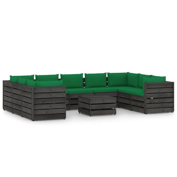 vidaXL 10 Piece Garden Lounge Set with Cushions Grey Impregnated Wood