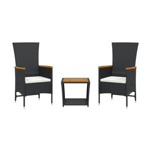 vidaXL 3 Piece Garden Dining Set with Cushions Black Poly Rattan