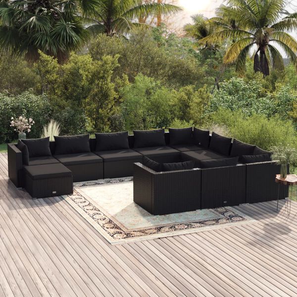 vidaXL 11 Piece Garden Lounge Set with Cushions Poly Rattan Black