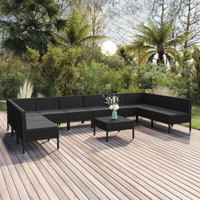 vidaXL 11 Piece Garden Lounge Set with Cushions Poly Rattan Black