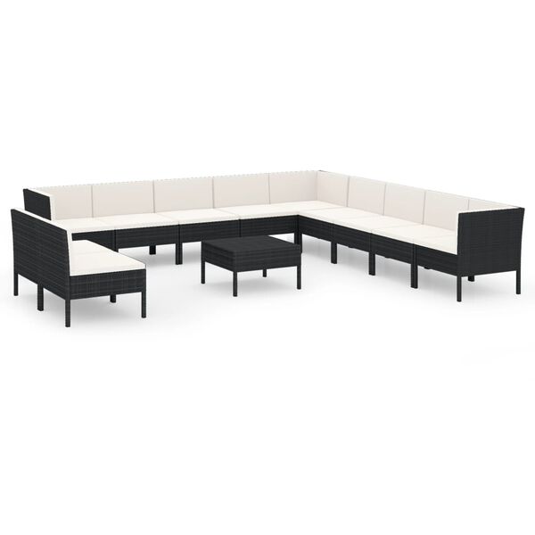 vidaXL 12 Piece Garden Lounge Set with Cushions Poly Rattan Black