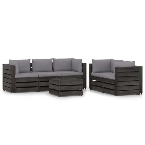 vidaXL 6 Piece Garden Lounge Set with Cushions Grey Impregnated Wood