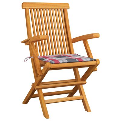vidaXL Garden Chairs Red Check Pattern Cushions 8 pcs Solid Teak Wood