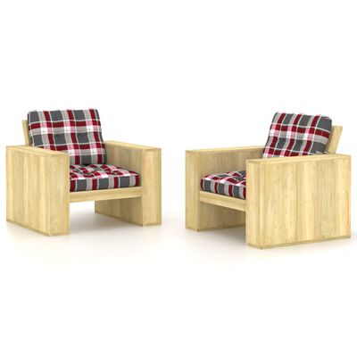 vidaXL Garden Chairs 2 pcs & Red Check Pattern Cushions Impregnated Pinewood