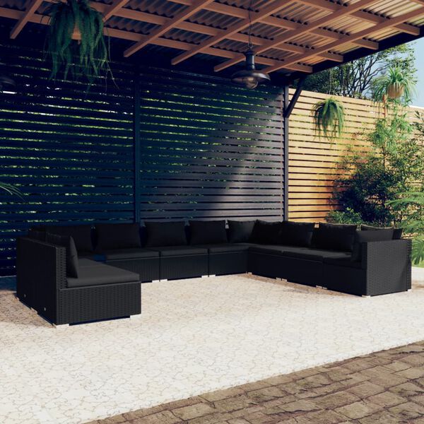 vidaXL 10 Piece Garden Lounge Set with Cushions Black Poly Rattan