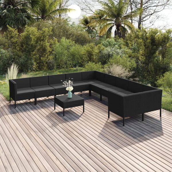 vidaXL 11 Piece Garden Lounge Set with Cushions Poly Rattan Black