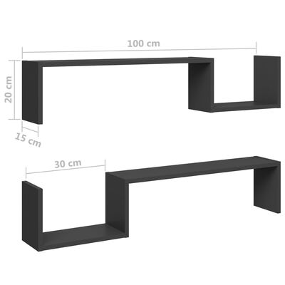 vidaXL Wall Shelf 2 pcs Grey 100x15x20 cm Engineered Wood