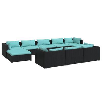 vidaXL 10 Piece Garden Lounge Set with Cushions Black Poly Rattan