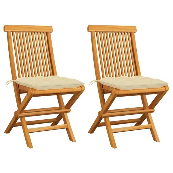 vidaXL Garden Chairs with Cream White Cushions 2 pcs Solid Teak Wood