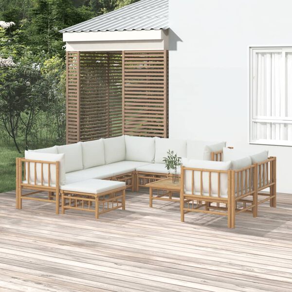 vidaXL 10 Piece Garden Lounge Set with Cream White Cushions Bamboo
