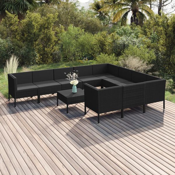 vidaXL 11 Piece Garden Lounge Set with Cushions Poly Rattan Black