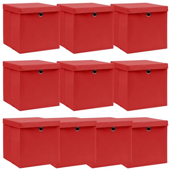 vidaXL Storage Boxes with Lids 10 pcs Red 32x32x32 cm Fabric