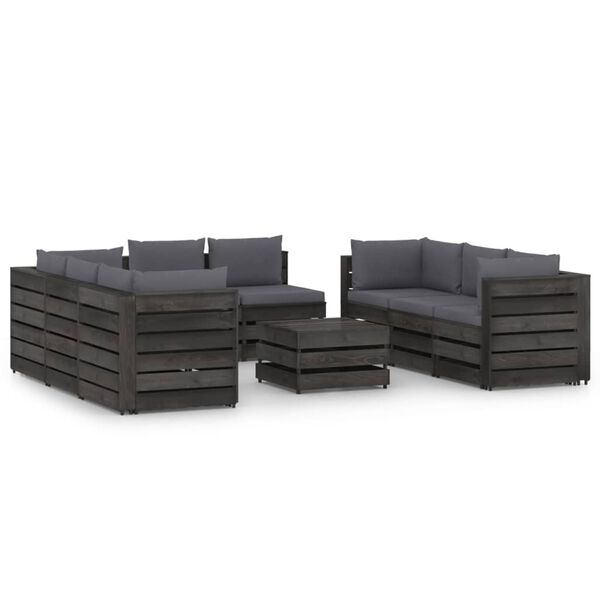 vidaXL 9 Piece Garden Lounge Set with Cushions Grey Impregnated Wood