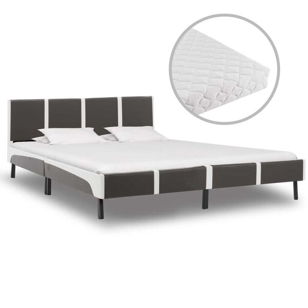 vidaXL Bed with Mattress Grey and White Faux Leather 180x200 cm Super King
