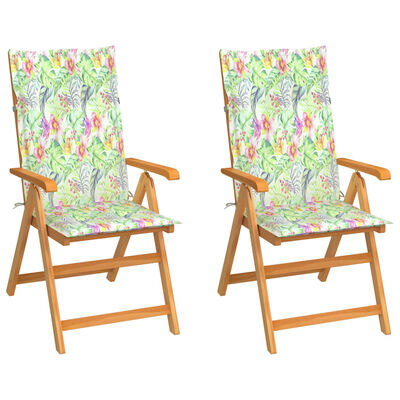 vidaXL Garden Chairs 2 pcs with Leaf Pattern Cushions Solid Teak Wood