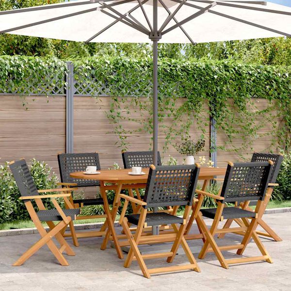vidaXL Folding Garden Chairs 6 pcs Black Poly Rattan and Solid Wood