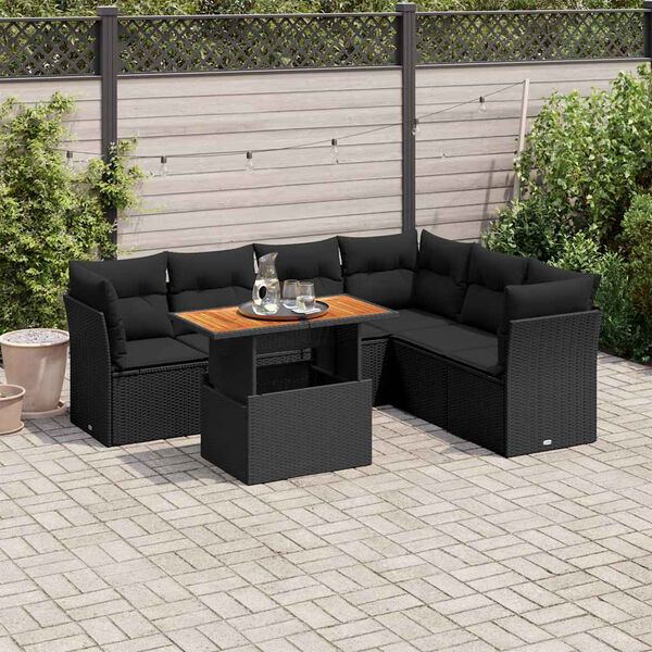 vidaXL 7 Piece Garden Sofa Set with Cushions Black Poly Rattan
