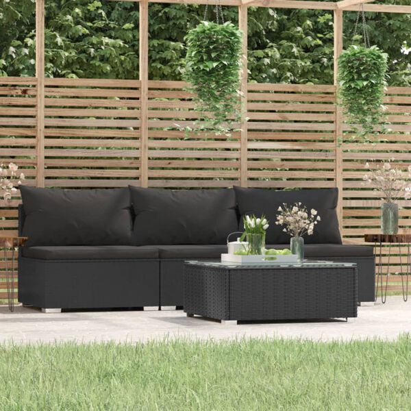 vidaXL 4 Piece Garden Lounge Set with Cushions Black Poly Rattan