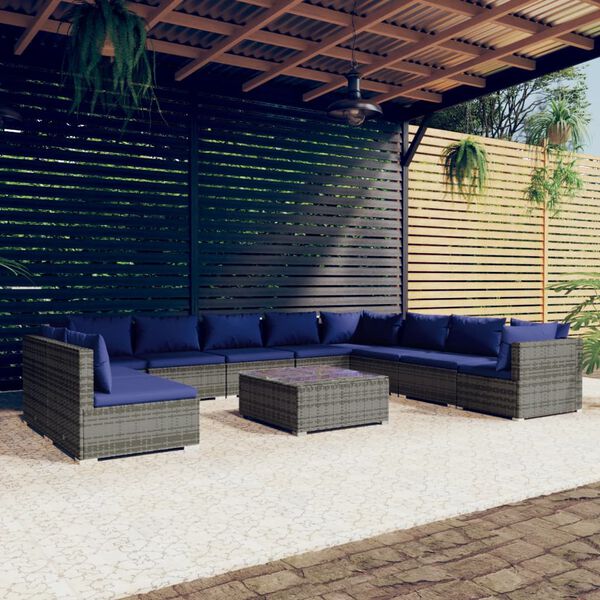vidaXL 11 Piece Garden Lounge Set with Cushions Grey Poly Rattan