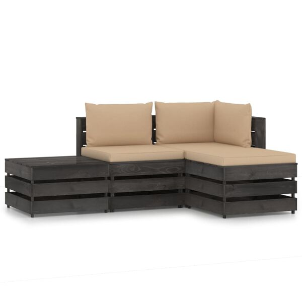 vidaXL 4 Piece Garden Lounge Set with Cushions Grey Impregnated Wood