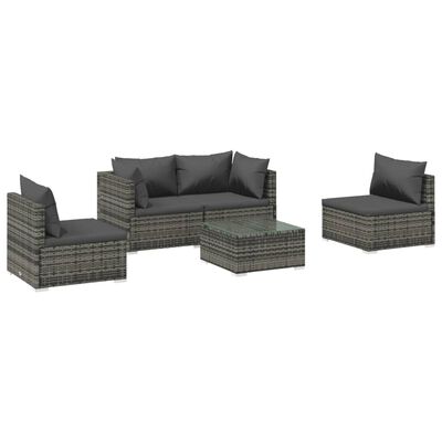 vidaXL 5 Piece Garden Lounge Set with Cushions Poly Rattan Grey