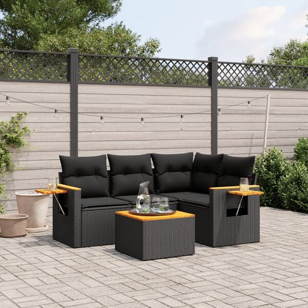 vidaXL 5 Piece Garden Sofa Set with Cushions Black Poly Rattan