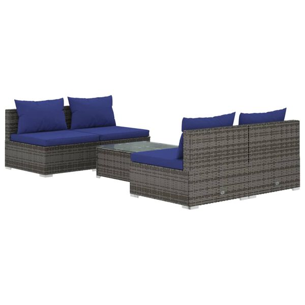 vidaXL 5 Piece Garden Lounge Set with Cushions Poly Rattan Grey