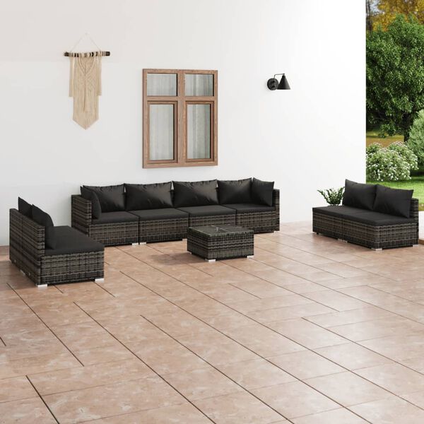 vidaXL 9 Piece Garden Lounge Set with Cushions Poly Rattan Grey