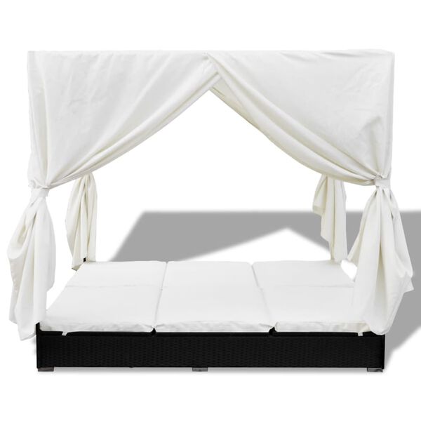 vidaXL Outdoor Lounge Bed with Curtains Poly Rattan Black
