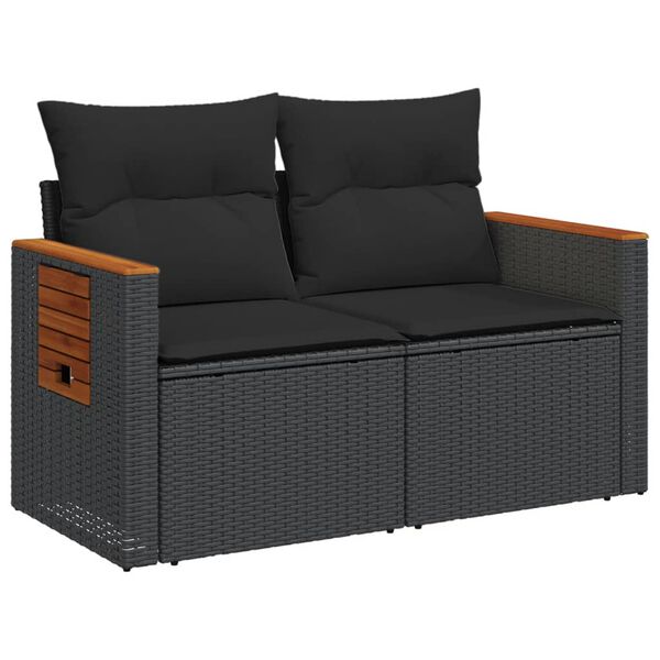 vidaXL Garden Sofa with Cushions 2-Seater Black Poly Rattan