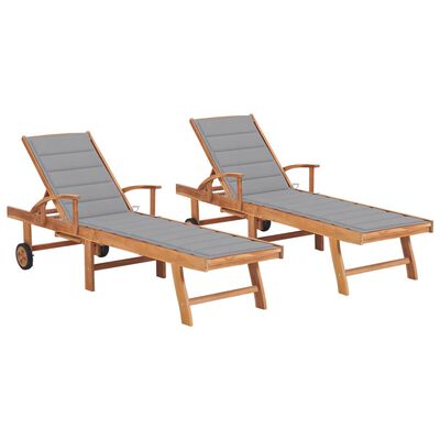 vidaXL Sun Loungers 2 pcs with Grey Cushion Solid Teak Wood