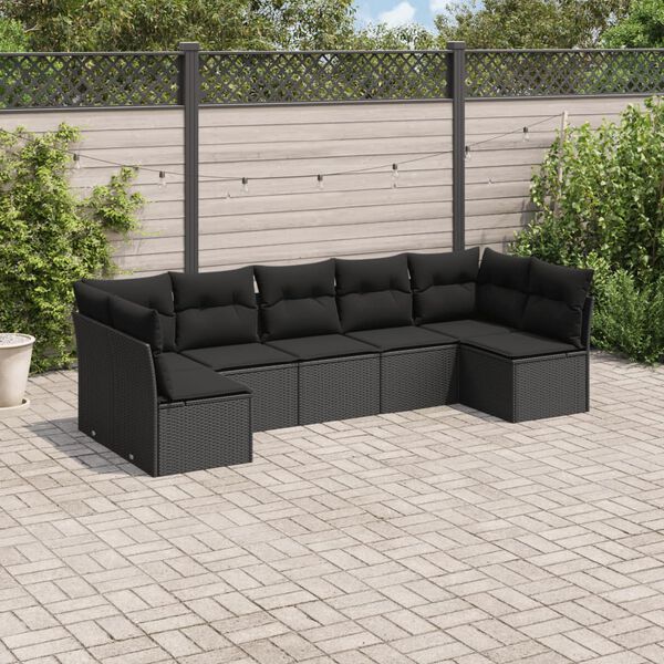 vidaXL 7 Piece Garden Sofa Set with Cushions Black Poly Rattan