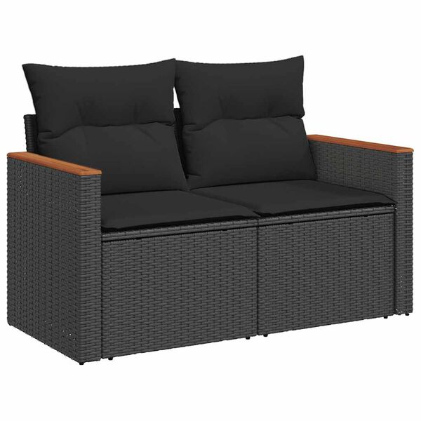 vidaXL Garden Sofa with Cushions 2-Seater Black Poly Rattan