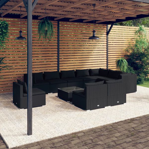 vidaXL 11 Piece Garden Lounge Set with Cushions Poly Rattan Black
