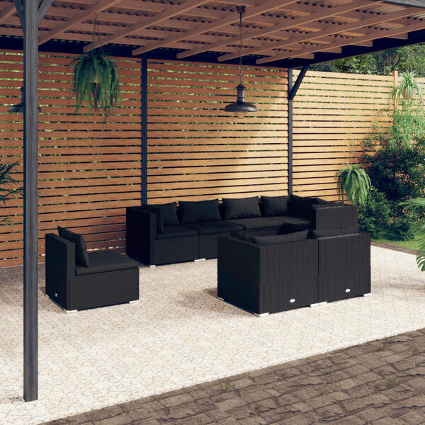vidaXL 8 Piece Garden Lounge Set with Cushions Poly Rattan Black