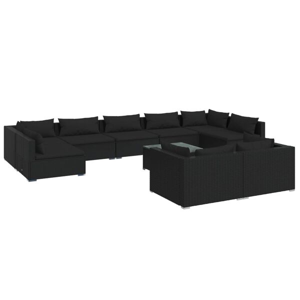 vidaXL 10 Piece Garden Lounge Set with Cushions Black Poly Rattan