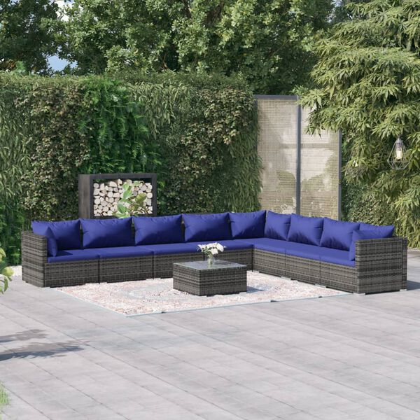 vidaXL 9 Piece Garden Lounge Set with Cushions Poly Rattan Grey