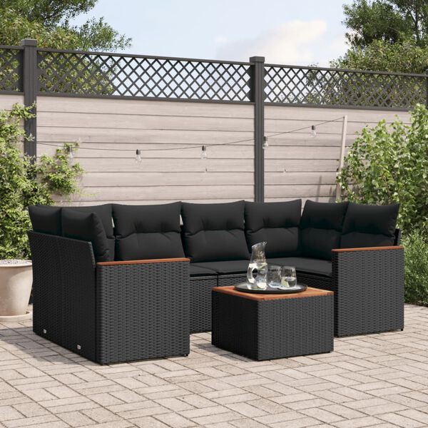 vidaXL 7 Piece Garden Sofa Set with Cushions Black Poly Rattan