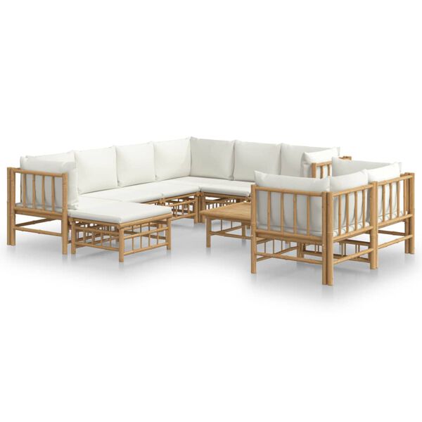 vidaXL 10 Piece Garden Lounge Set with Cream White Cushions Bamboo