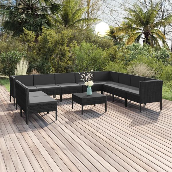 vidaXL 11 Piece Garden Lounge Set with Cushions Poly Rattan Black